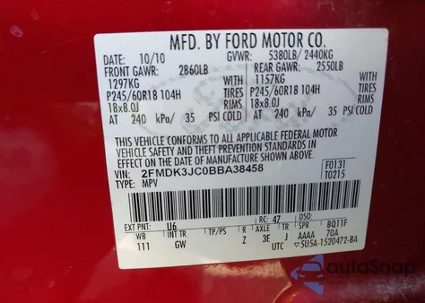 2011 Ford Edge Sel z USA, uszkodzony, nr VIN 2FMDK3JC0BBA38458